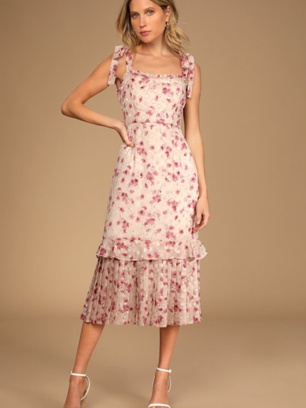 Lulus Terrace Views Taupe Floral Print Tiered Midi Dress - Size XL